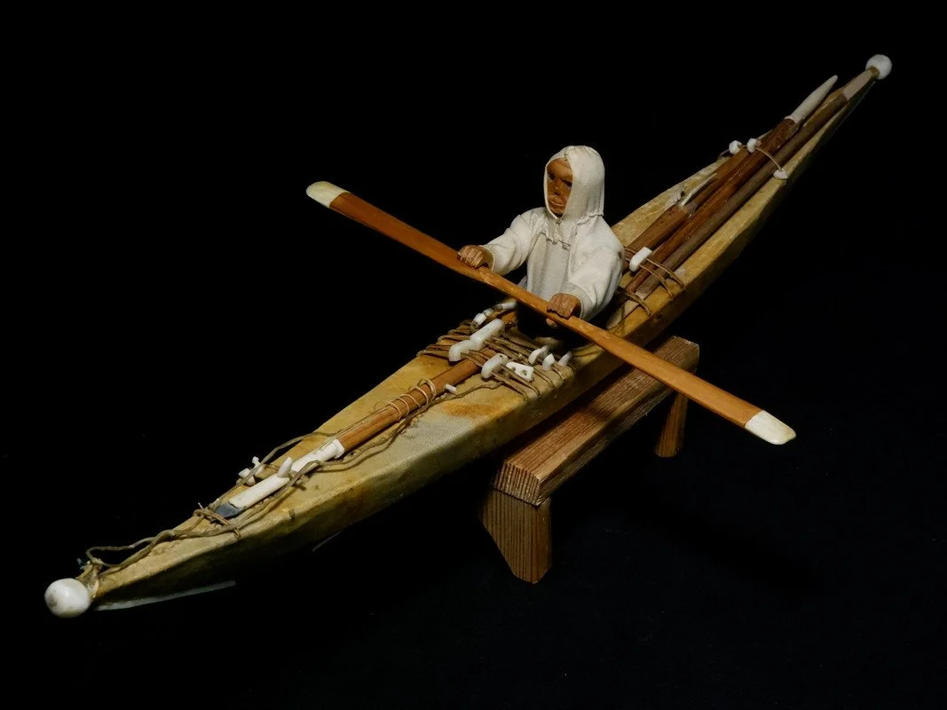 Antique Eskimo Inuit Kajak Carved Model Hunter with Harpoons